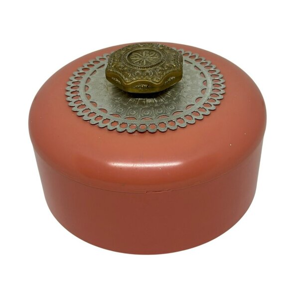 VTG Avon Unforgettable Beauty Dusting Powder Box Coral & Gold Vanity Decor 3"x5" - Picture 1 of 6